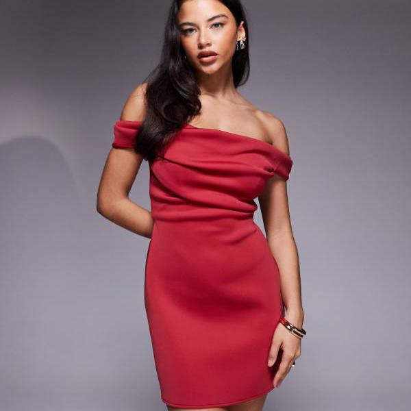 エイソス ASOS asos ASOS DESIGNのダークレッドのバルドーオフショルダーミニドレス（スキューバスタイルの生地を使用） ワンピース レディース 女性 インポートブランド 小さいサイズから大きいサイズまで