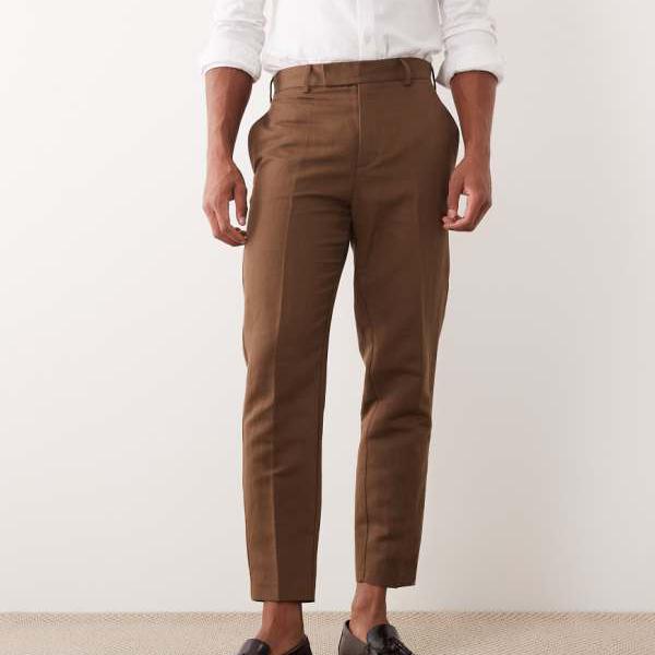 エイソス ASOS asos ASOS DESIGN スマートリネンリッチテーパードパンツ（ダークブラウン） パンツ ボトム メンズ 男性 インポートブランド 小さいサイズから大きいサイズまで