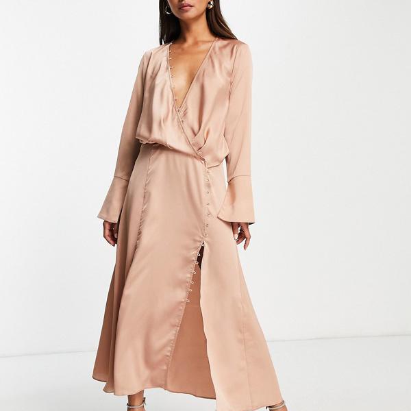 エイソス Asos Asos Asosdesignバイアスカットドレープミディドレス ボタンディテールブロンズ ワンピース レディース 女性 インポートブランド 小さいサイズから大きいサイズまで Erakrovli By