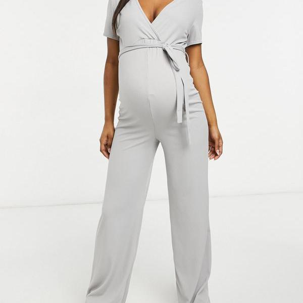 海外並行輸入正規品 レディースファッション オールインワン サロペット レディース オールインワン グレーのラップディテールを備えたミスガイドマタニティワイドレッグジャンプスーツ Missguided ミスガイデッド 女性 小さいサイズから大きいサイズまで インポート