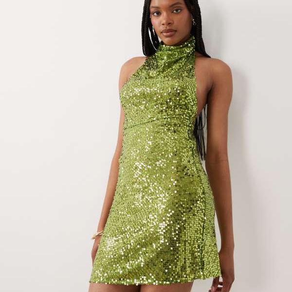 エイソス ASOS asos ASOS DESIGN トールサイズ 装飾付きシースルー スパンコール散りばめホルターミニドレス（グリーン） ワンピース レディース 女性 インポートブランド 小さいサイズから大きいサイズまで｜セレクトショップ　Diva　Closet