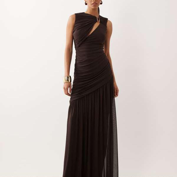 エイソス ASOS asos ASOS DESIGN カウルバックカットアウトメッシュマキシドレス（ビーズかざり付ける付き添い人、黒茶色つや） 衣装 レディース 成人女性 インポートブランド 弱められた大きさから馬鹿でかい大きさまで