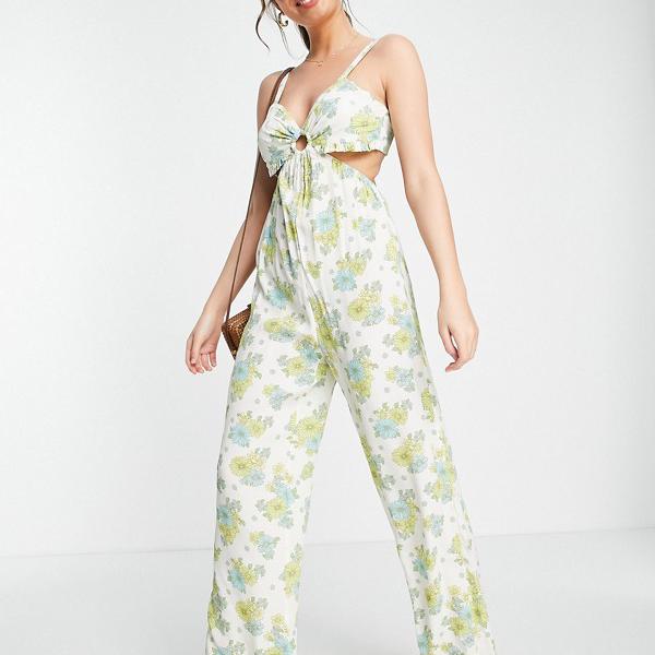 ミスセルフリッジ Miss Selfridge ミスセルフリッジは、緑のレトロな花柄のストラップ付きワイドレッグジャンプスーツを切り取りました オールインワン レディース 女性 インポートブランド 小さいサイズから大きいサイズまで