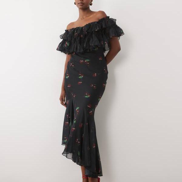 エイソス ASOS asos ASOS DESIGN レースミックス オフショルダー フリル ミディドレス ダークチェリープリント ワンピース レディース 女性 インポートブランド 小さいサイズから大きいサイズまで｜セレクトショップ　Diva　Closet