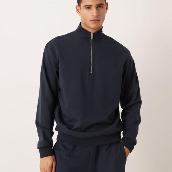 エイソス ASOS asos ASOS DESIGN 座標 ホンブルグ帽肌ざわり 伸び伸びする相応う クォータージップ トレーナー (米国海軍) トップス メンズ 成人男性 インポートブランド 弱められた大きさから馬鹿でかい大きさまで
