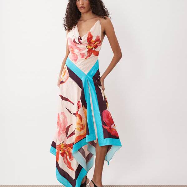 エイソス ASOS asos ASOS DESIGN えり巻き刷り上げるのトール大きさ、深めのドレープが目立った特徴的な非対称なオープンバックマキシドレス 衣裳 レディース 亭主もち インポートブランド ごく小さい大きさから大層らしい大きさまで