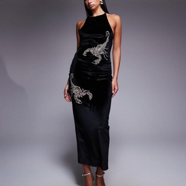 エイソス ASOS asos ASOS DESIGNのサソリ装飾ベルベットミディドレス ワンピース レディース 女性 インポートブランド 小さいサイズから大きいサイズまで