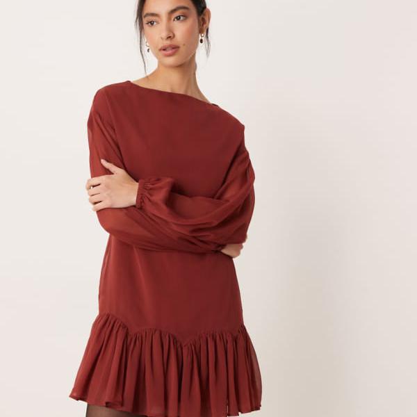 エイソス ASOS asos ASOS DESIGN スラッシュネック シフォンゴデットミニドレス（バーガンディ） ワンピース レディース 女性 インポートブランド 小さいサイズから大きいサイズまで