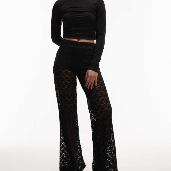 エイソス ASOS asos ASOS DESIGN レース シアー ワイドレッグ トラウザー（ブラック） パンツ ボトム レディース 女性 インポートブランド 小さいサイズから大きいサイズまで