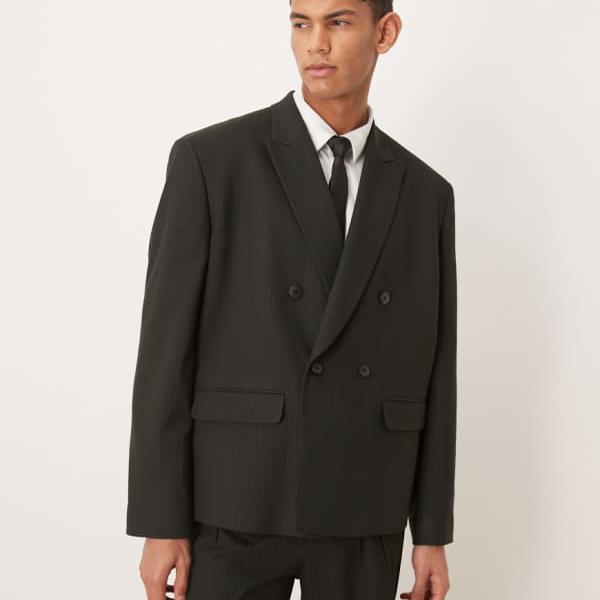 エイソス ASOS asos ASOS DESIGN ダブルブレスト ボックス型スーツジャケット（ダークグリーンのピンストライプ） アウター メンズ 男性 インポートブランド 小さいサイズから大きいサイズまで