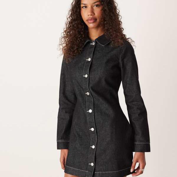 エイソス ASOS asos ASOS DESIGN フィットデニムシャツドレス（ブラック） ワンピース レディース 女性 インポートブランド 小さいサイズから大きいサイズまで