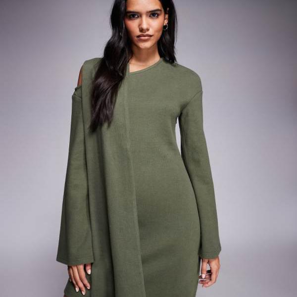 エイソス ASOS asos ASOS DESIGN スーパーソフト スラッシュネックスカーフディテール ミニドレス（カーキ） ワンピース レディース 女性 インポートブランド 小さいサイズから大きいサイズまで