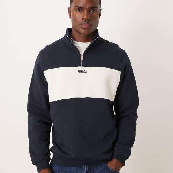 エイソス ASOS asos ASOS DESIGNのネイビーカラーブロックプリント入り口・入口クォータージップスウェットシャツ トップス メンズ 成人男性 インポートブランド ごく小さい大きさから大層らしい大きさまで