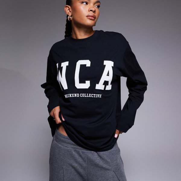 Weekend Collective Icon オーバーサイズ ロングスリーブ T シャツ（WCA グラフィック、ブラック） トップス レディース 女性 インポートブランド 小さいサイズから大きいサイズまで