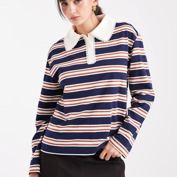 ミスセルフリッジ Miss Selfridge ミスセルフリッジのストライプ柄ラグビーシャツ(襟はレーストリム) トップス レディース 女性 インポートブランド 小さいサイズから大きいサイズまで