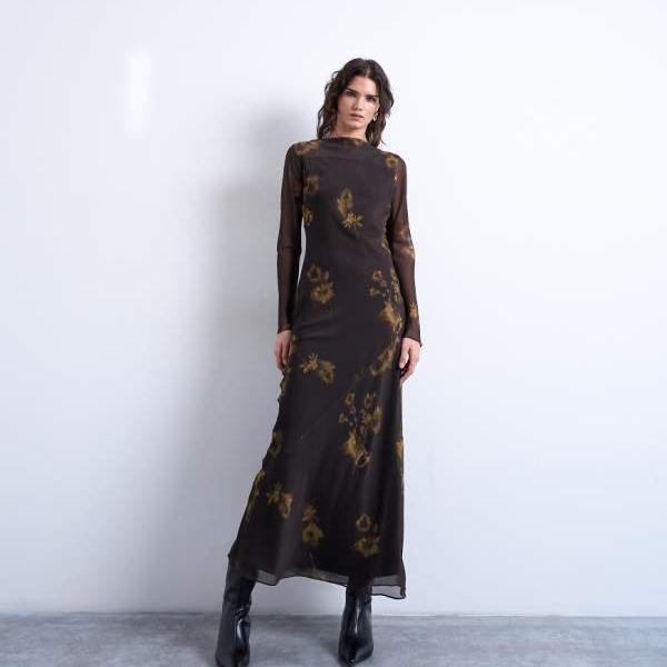 トップショップ Topshop TOPSHOP トップショップのスラッシュネックシフォンマキシドレス（ブラウン＆ライムフローラルプリント） ワンピース レディース 女性 インポートブランド 小さいサイズから大きいサイズまで