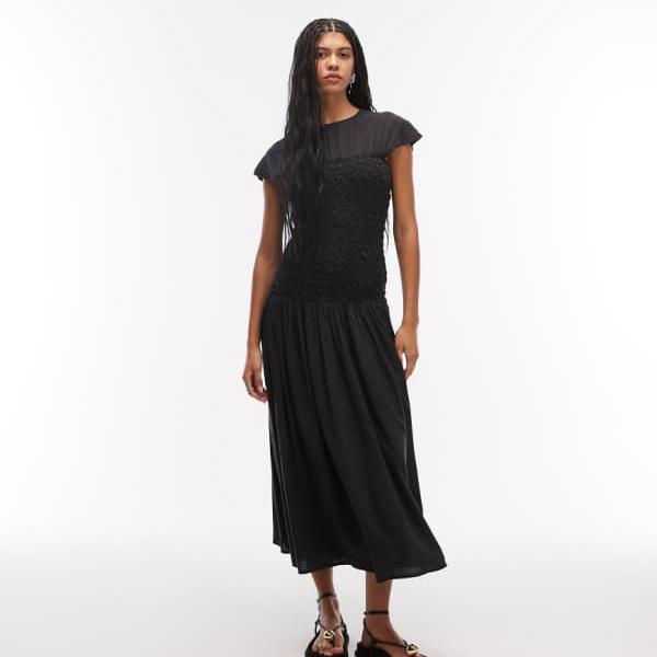 エイソス ASOS asos ASOS DESIGN クルーネック ミディドレス（ポップコーンシャーリングボディス、ネイビー） ワンピース レディース 女性 インポートブランド 小さいサイズから大きいサイズまで