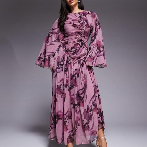 エイソス ASOS asos ASOS DESIGNのマイクロフリル付きシフォンギャザーマキシドレス(パープルフローラルプリント) ワンピース レディース 女性 インポートブランド 小さいサイズから大きいサイズまで