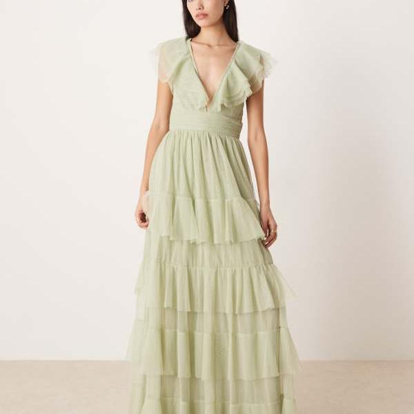 Lace & Beads レース＆ビーズのブライズメイドチュールフラッタースリーブティアードフリルマキシドレス（セージグリーン） ワンピース レディース 女性 インポートブランド 小さいサイズから大きいサイズまで