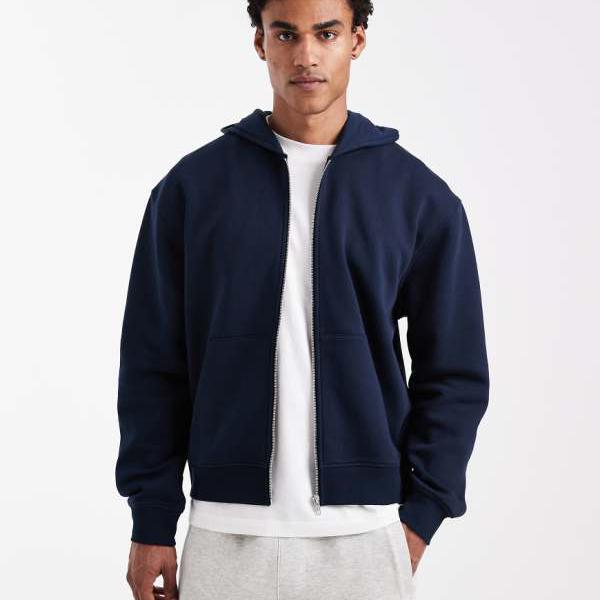 エイソス ASOS asos ASOS DESIGN エッセンシャルズ ボクシー リラックス ジップスルー フーディー ネイビー トップス メンズ 男性 インポートブランド 小さいサイズから大きいサイズまで