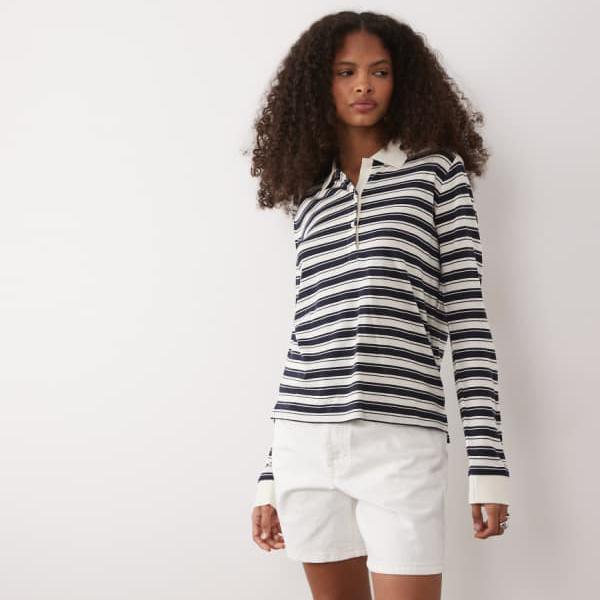 ガント Gant クリームとブルーのストライプ柄のGANTストライプラグビーポロ トップス レディース 女性 インポートブランド 小さいサイズから大きいサイズまで