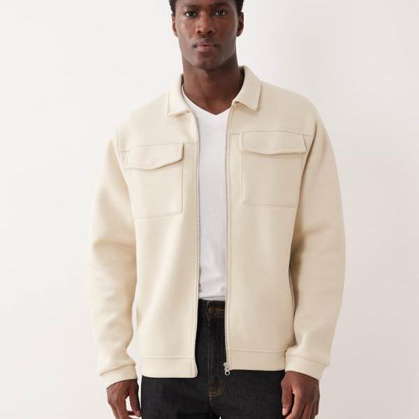 エイソス ASOS asos ASOS DESIGNのエクリュのスキューバスタイルの生地を使用した厚手のジップスルーシャケット トップス メンズ 男性 インポートブランド 小さいサイズから大きいサイズまで
