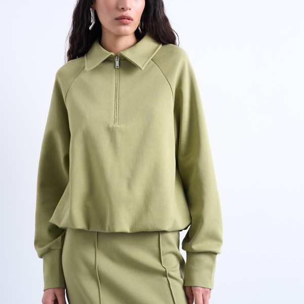 トップショップ Topshop TOPSHOP トップショップ インターロック バブルヘム ポロ クォータージップ スウェット グリーン トップス レディース 女性 インポートブランド 小さいサイズから大きいサイズまで
