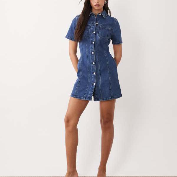 エイソス ASOS asos ASOS DESIGN デニムフィットシャツミニドレス（金持ち青み） 衣装 レディース 成人女性 インポートブランド 弱められた大きさから馬鹿でかい大きさまで