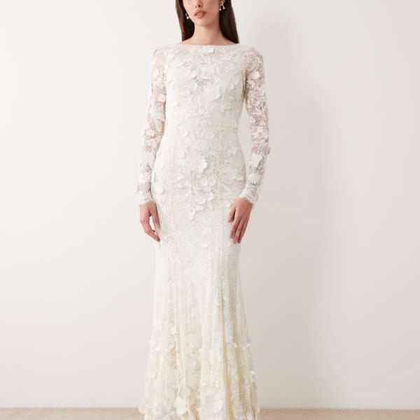 エイソス ASOS asos ASOS DESIGN 花柄アップリケ刺しゅうスピード競技長袖オープンバックマキシウェディングドレス（象牙色） トップス レディース 御上さん インポートブランド 小っちゃい大きさから途轍も無い大きさまで