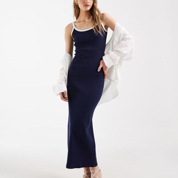 エイソス ASOS asos ASOS DESIGN コントラストトリムリブミディドレス（米国海軍、白いこと刈り込み） 衣装 レディース お上さん インポートブランド たわい無い大きさから気が大きい大きさまで