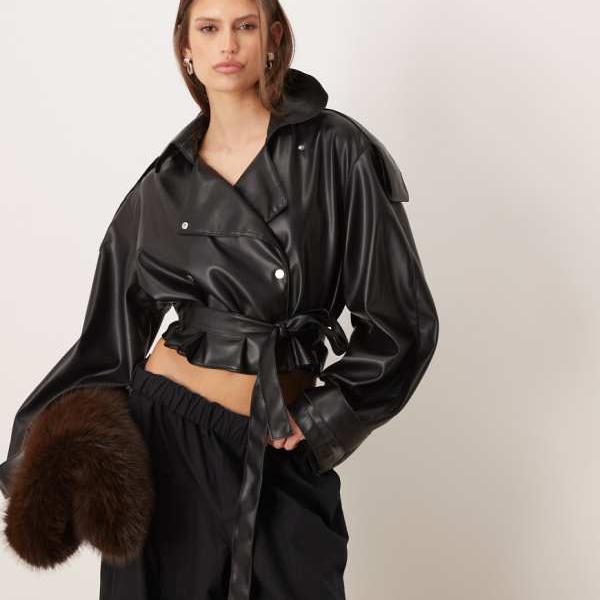 エイソス ASOS asos ASOS DESIGN フェイクレザー トレンチ クロップド ジャケット（ブラック） アウター レディース 女性 インポートブランド 小さいサイズから大きいサイズまで