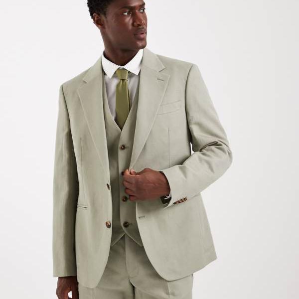 エイソス ASOS asos ASOS DESIGN スリムスーツジャケット リネン分限者 セージツイル アウター メンズ 成人男性 インポートブランド 弱められた大いさから途轍も無い大いさまで メンズファッション-コート・ジャケット