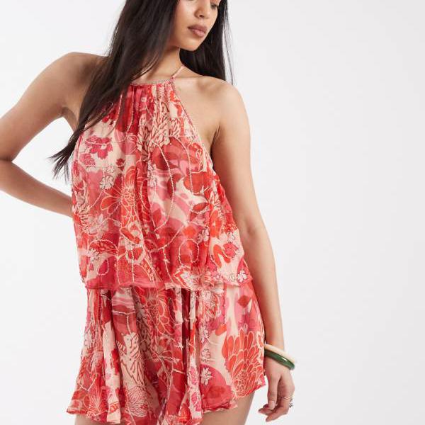 リバーアイランド  River Island RIVER ISLAND リバーアイランドの刷り上げる入り口・入口かざり付けるプレイスーツ（赤） オールインワン レディース 成人女性 インポートブランド 弱められた大きさから馬鹿でかい大きさまで