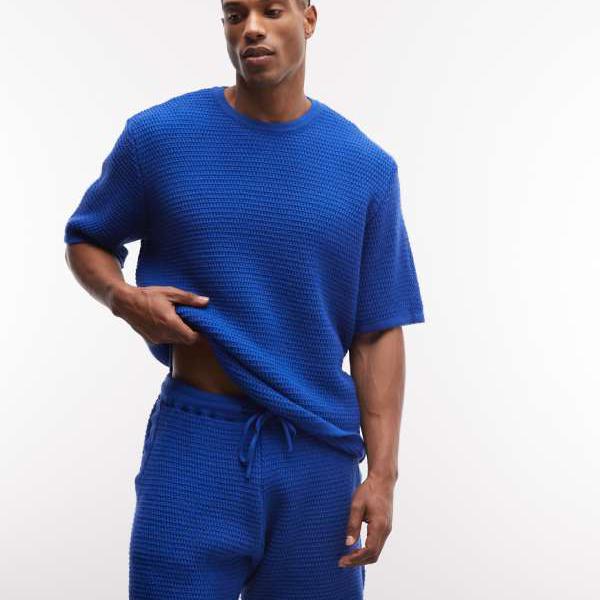 エイソス ASOS asos ASOS DESIGN 編み物原料品のセットアップ テクスチャードショートパンツ 青色 - MBLUE ズボン下 下つ方 メンズ 成人男性 インポートブランド たわい無い大きさから気が大きい大きさまで
