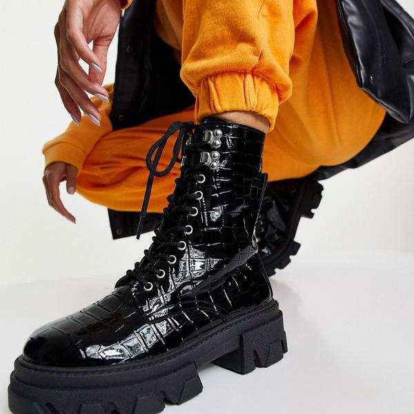 トップショップ Topshop Topshop トップショップキック分厚いレースアップブーツ ブラッククロコ 靴 レディース 女性 インポートブランド 小さいサイズから大きいサイズまで 3r Mozambique Com