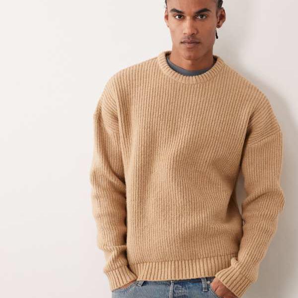 エイソス ASOS asos ASOS DESIGN 極端にオーバーサイズのボックスフィットニットフィッシャーマンリブジャンパー（ベージュ） トップス メンズ 男性 インポートブランド 小さいサイズから大きいサイズまで