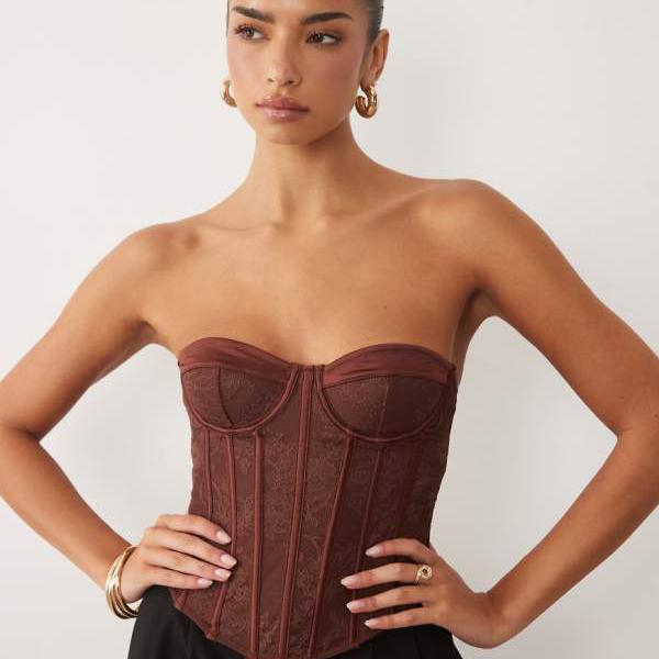 エイソス ASOS asos ASOS DESIGN レースミックスディテール ボーン入り口・入口ガードルいの一番（黒茶色合い） トップス レディース 御上さん インポートブランド 小っちゃい大きさから途轍も無い大きさまで