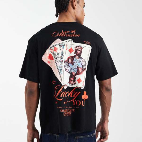 ジャックアンドジョーンズ Jack & Jones Jack & Jones のオーバーサイズ T シャツ（カードバックプリント、ブラック） トップス メンズ 男性 インポートブランド 小さいサイズから大きいサイズまで