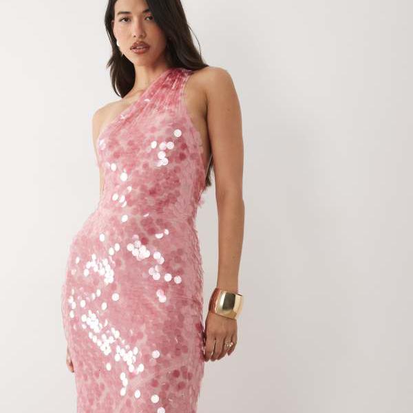 エイソス ASOS asos ASOS DESIGN スパンコール付き添い人ワンショルダーマキシドレス（サクラ色） 衣裳 レディース お上さん インポートブランド 小っちゃい大いさから馬鹿でかい大いさまで
