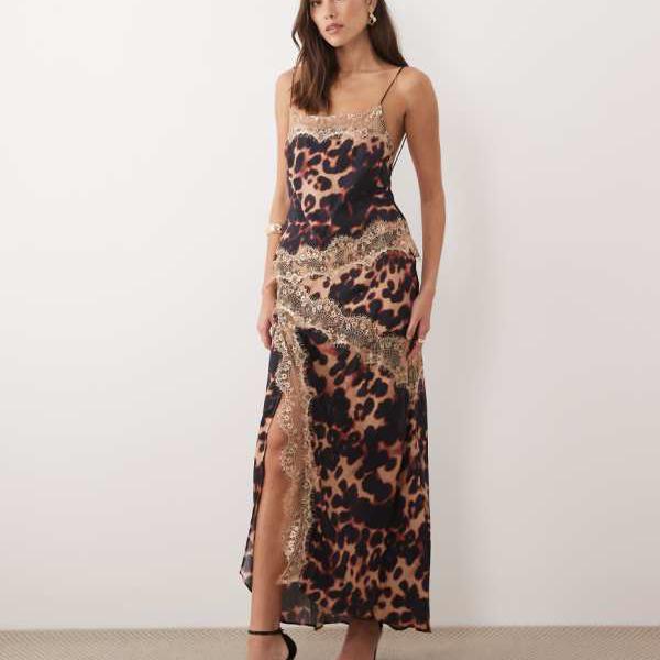 エイソス ASOS asos ASOS DESIGNのオーバーレイレーストリム付き添い人MIDI丈御召しもの、後ろ側にレオパード柄の品目入り口・入口 衣裳 レディース お上さん インポートブランド 小っちゃい大いさから馬鹿でかい大いさまで