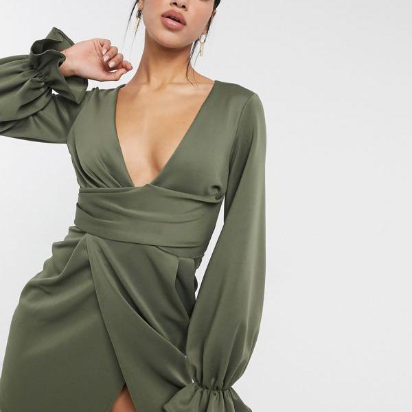 在庫限り 楽天市場 エイソス Asos Asos Asosdesignラッププランジミニドレスカーキのフルートスリーブ付き ワンピース レディース 女性 インポートブランド 小さいサイズから大きいサイズまで セレクトショップ Diva Closet 豪華 Advance Com Ec