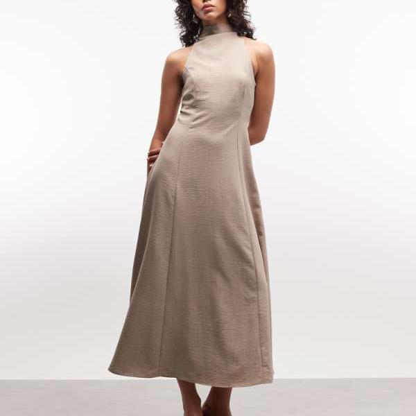 エイソス ASOS asos ASOS DESIGN ハイネック ノースリーブ スイング リネン風 マキシドレス（オート色） ワンピース レディース 女性 インポートブランド 小さいサイズから大きいサイズまで
