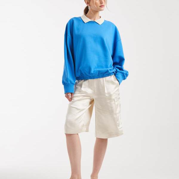 エイソス ASOS asos ASOS DESIGN ヘビーウェイト バルーンヘム スウェット（ポロカラー、ブルー） トップス レディース 女性 インポートブランド 小さいサイズから大きいサイズまで