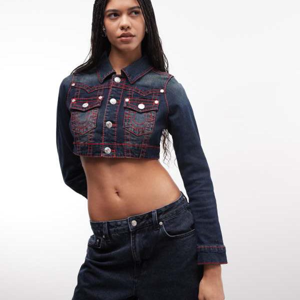 True Religion トゥルーレリジョン トゥルー・レリジョン クロップド丈 コントラストステッチ デニムジャケット ダークブルー アウター レディース 女性 インポートブランド 小さいサイズから大きいサイズまで