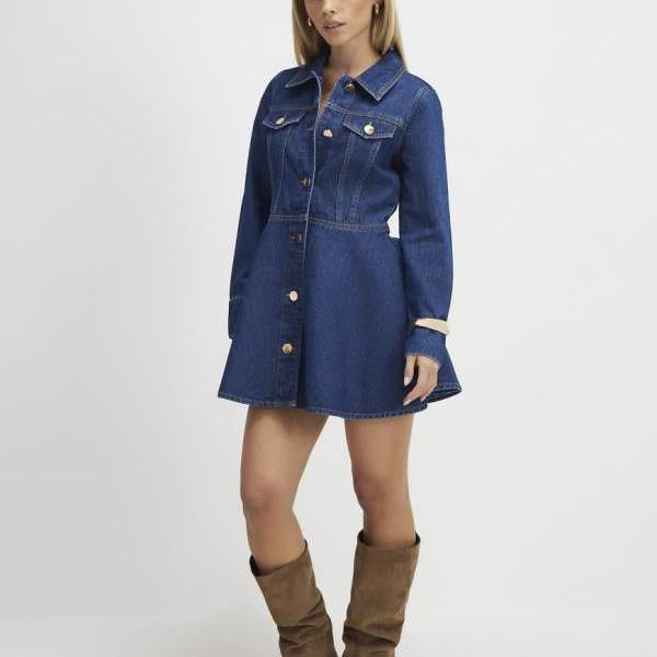 リバーアイランド River Island RIVER ISLAND リバーアイランド プチ ロングスリーブ デニム ミニドレス（ミディアムデニム） トップス レディース 女性 インポートブランド 小さいサイズから大きいサイズまで