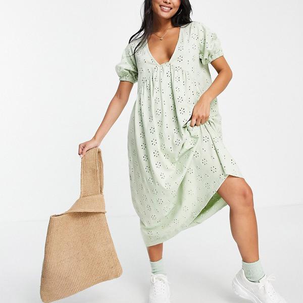 エイソス Asos Asos 女性 エイソス Asos Asos Designプチ刺恕 Vネックミディドレス レディース ワンピース 小さいサイズ から大きいサイズまで 女性 セージグリーンのエンパイアシームディテール インポートブランド 京都 販売 店