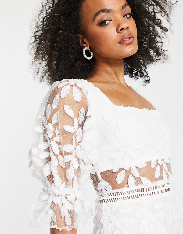 Love Triangle スクエアネック パフスリーブ ミディドレス ホワイトレース ワンピース レディース 女性 インポートブランド 小さいサイズから大きいサイズまで Vmaphotographystudios Com