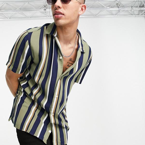 セレクテッド オム Selected Homme Selected Homme カーキ色の敬虔な襟付きの厳選されたオム縦縞シャツ トップス メンズ 男性 インポートブランド 小さいサイズから大きいサイズまで Bouncesociety Com