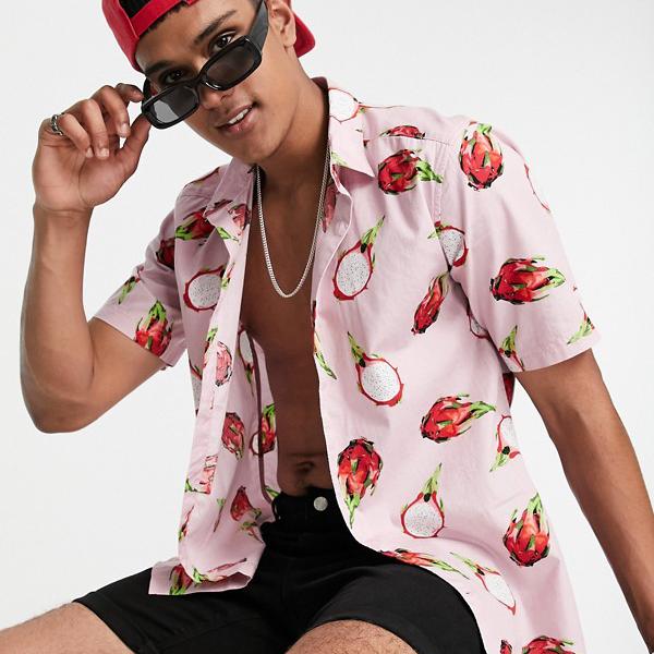 オンリー サンズ Only Sons Only Sonsのピンクのドラゴンフルーツプリントの半袖シャツ トップス メンズ 男性 インポートブランド 小さいサイズから大きいサイズまで Andapt Com