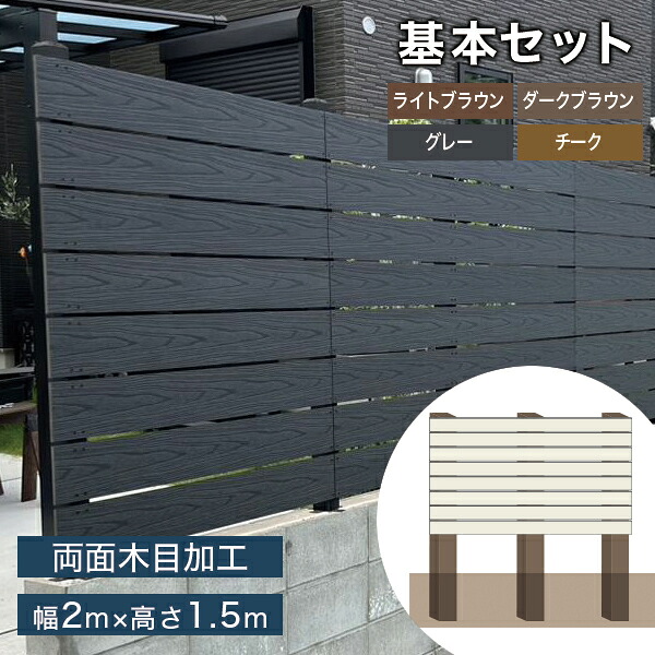 DIY人工木フェンスキット (両面木目柄 高耐候2層構造 145mm幅) アルミ支柱付き/樹脂キャップ付き 幅2000&times;高さ1500mm 4色展開｜ウッドデッキ エクステリア リーベ